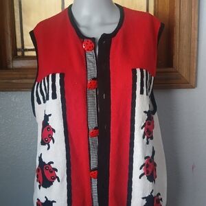 Vintage Belle Pointe Cardigan Sweater Vest Womens L, Ladybugs Unique Natural Fib
